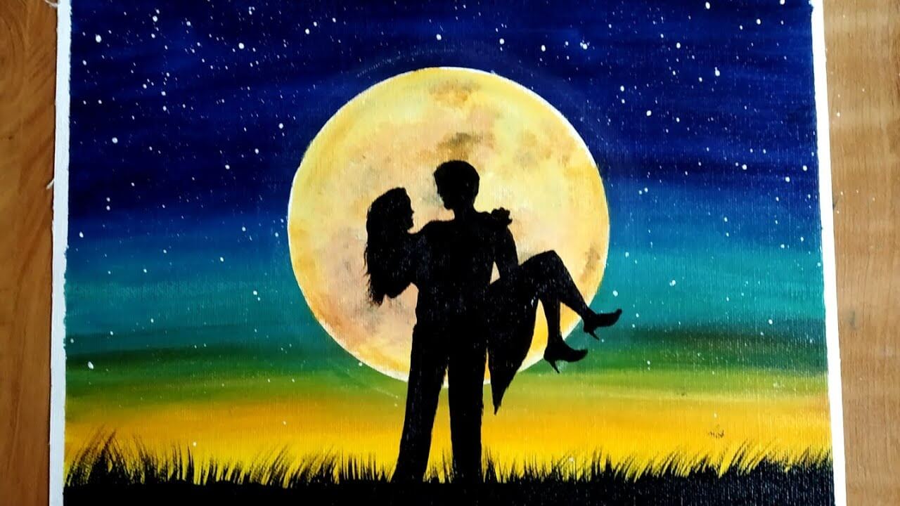 A Romantic Couple on Moonlight Night Painting/Acrylic Painting for Beginners step by step/Easy Paint