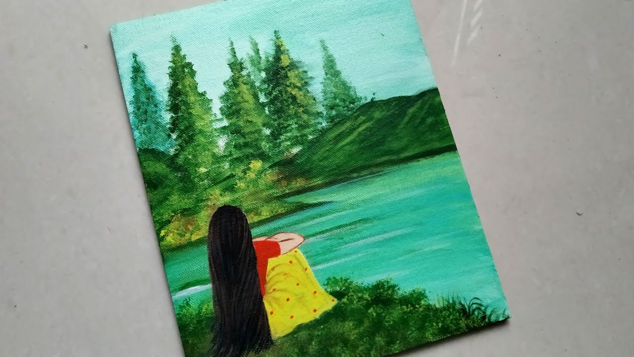 A Girl Sitting near a River Painting/Beautiful Riverside Scenery Painting /Nature Scenery Painting