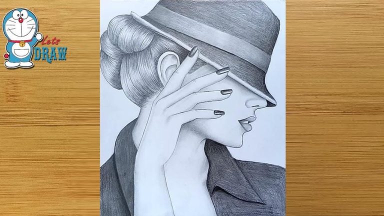 A Lady With Hat step by step drawing