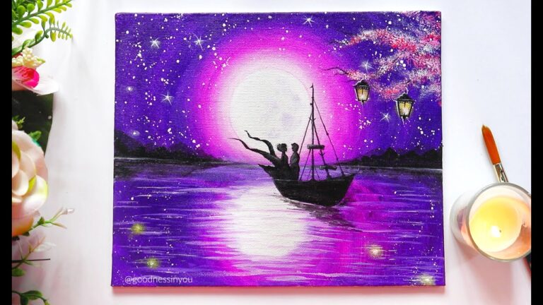 A Romantic Couple on a Moonlight Scene Painting for Beginners / Step by Step Tutorial