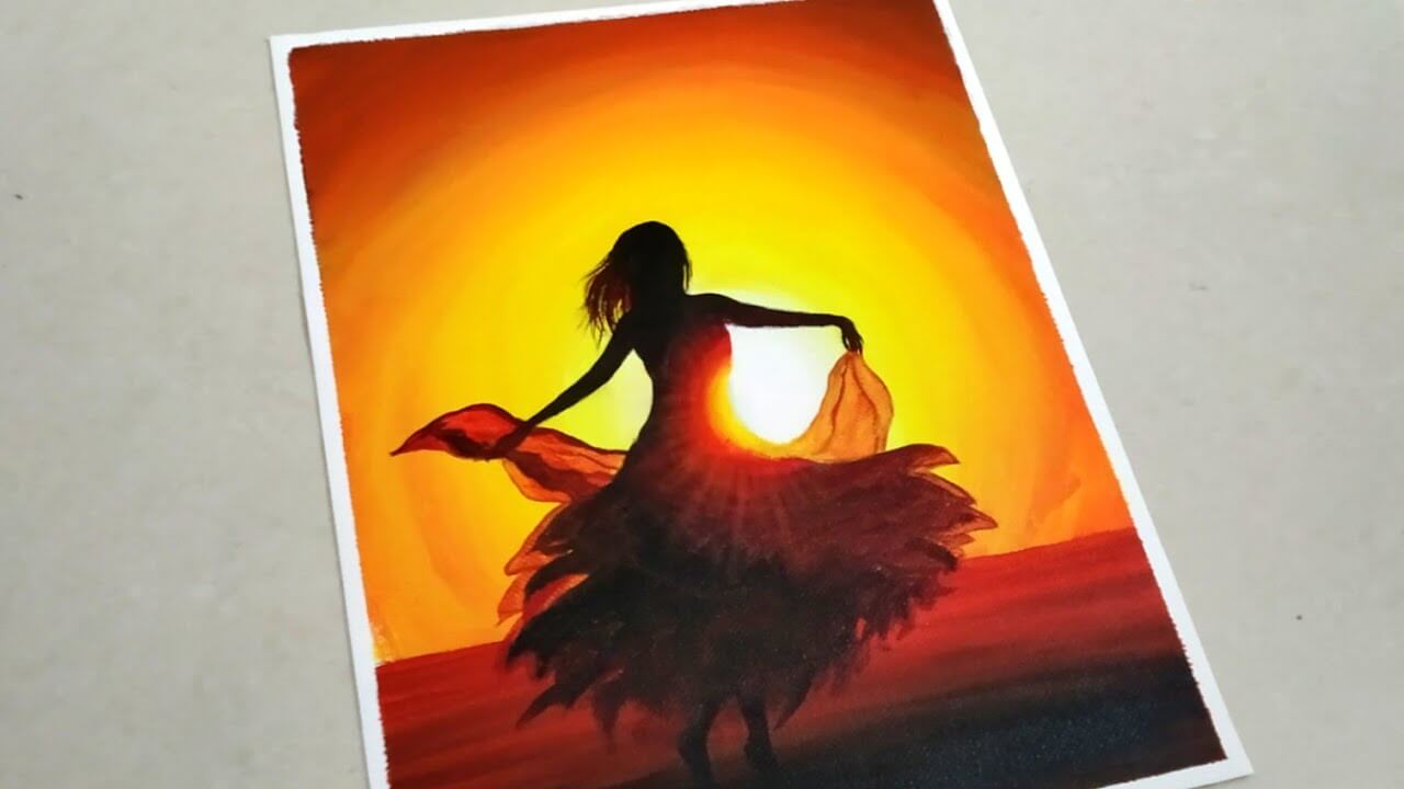 A girl Dancing in a Sunset Seascape Beach Landscape Painting tutorial step by step/ Acrylic painting