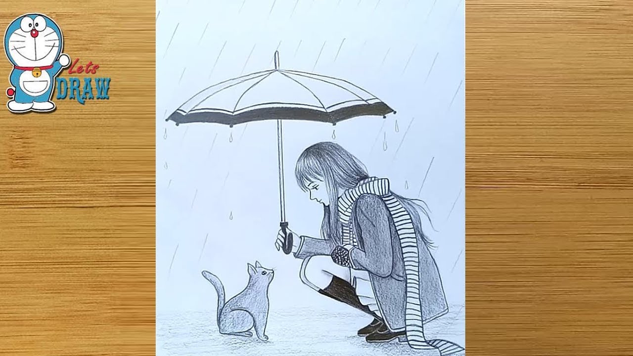 A girl with a cat in rainy day Pencil