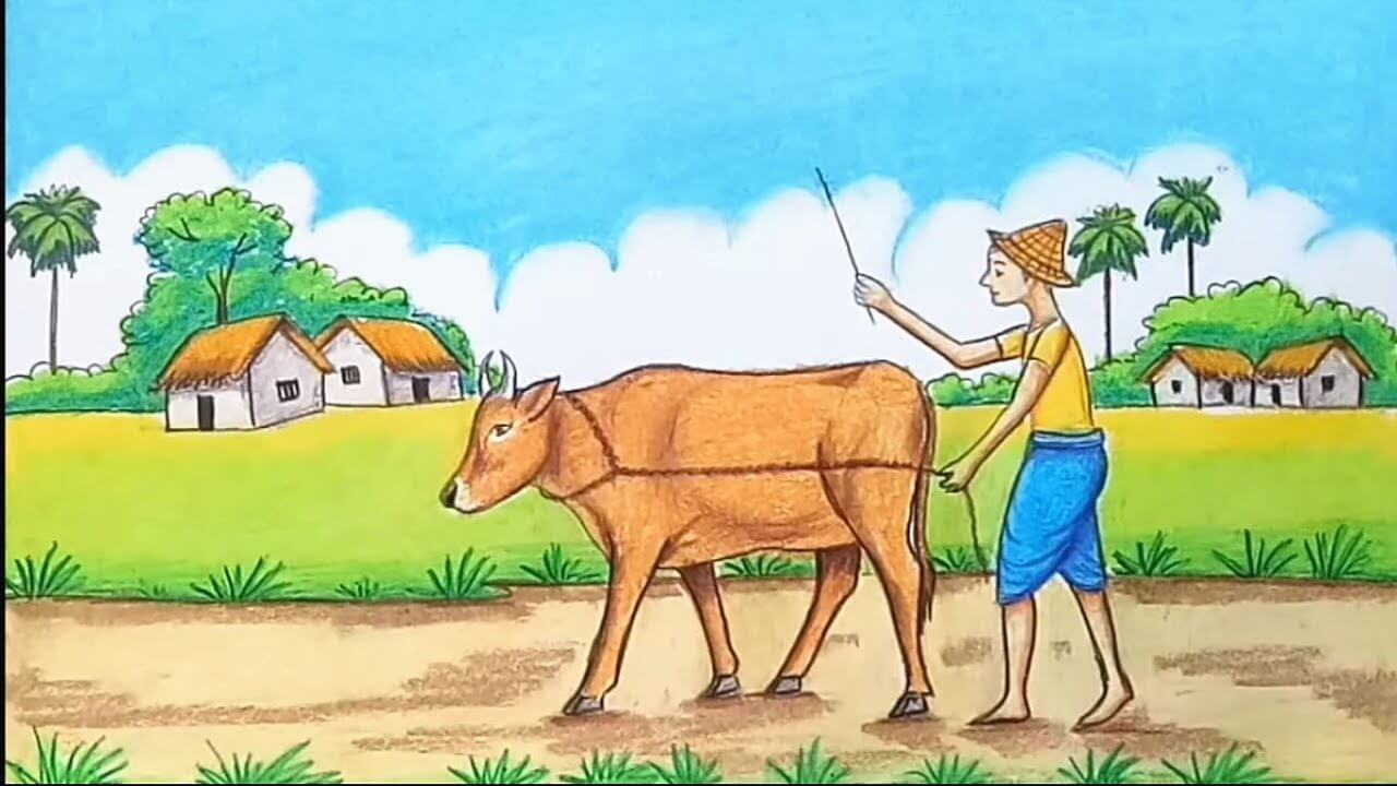 Indian village scenery drawing | how to draw village scenery-my village  drawing competition - YouTube