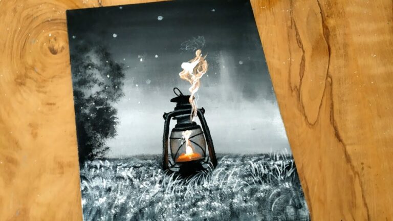Acrylic Painting of Realistic Lantern in a snowy Winter Night Forest /Lamp Painting for Beginners/