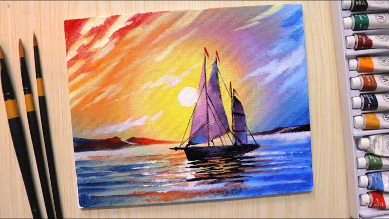 Acrylic painting for beginners of sunset scenery seascape