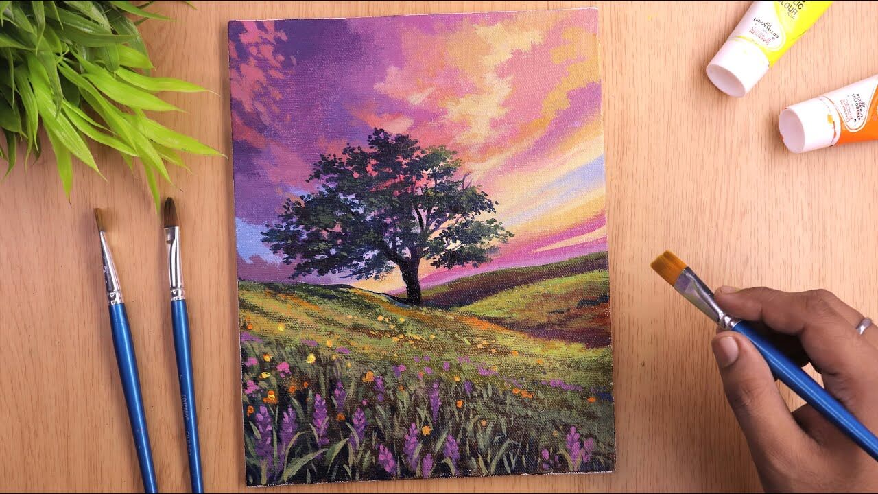 Acrylic painting of Spring season landscape painting with tree on flower field