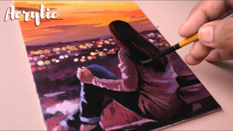 Acrylic painting of a beautiful girl on hill landscape step by step