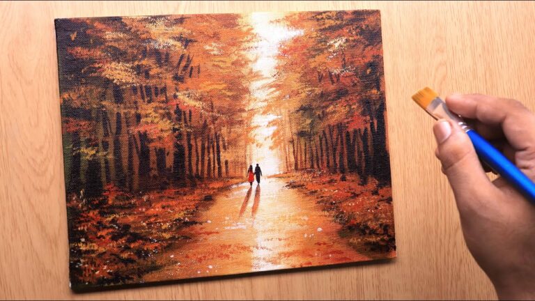 Acrylic painting of couple walking in beautiful forest