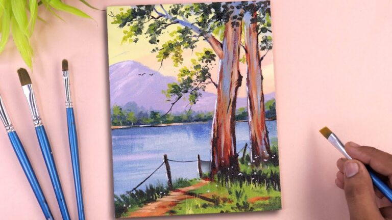 Acrylic painting of spring tree and mountain landscape painting