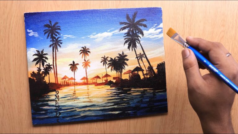 Acrylic painting of sunset beach landscape painting step by step