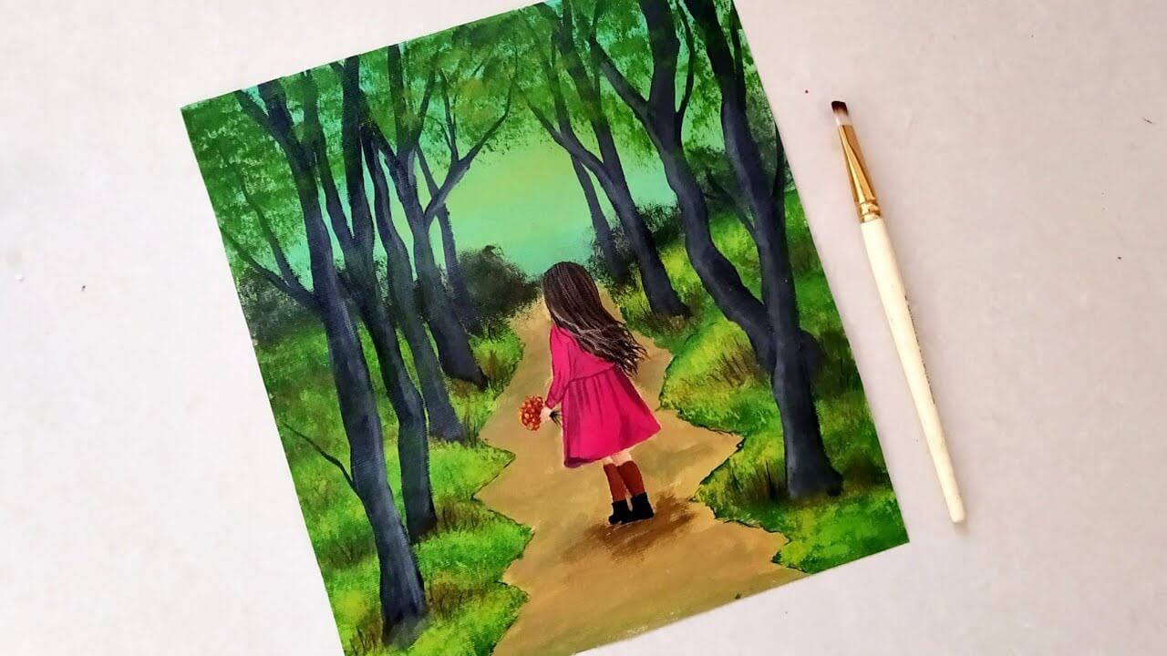 Alone Girl walking in the forest Painting tutorial for beginners|Forest scenery drawing for beginner