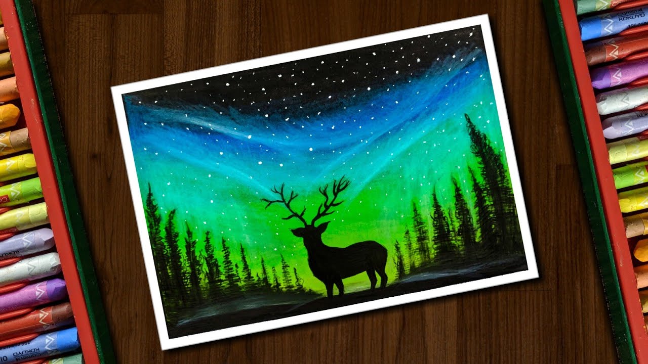 Drawing for Beginners with Oil Pastels - Bright Aurora Night Sky - Step