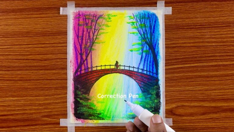 Beautiful Autumn Waterfall Bridge Scenery / Drawing with Oil Pastels / Step by Step