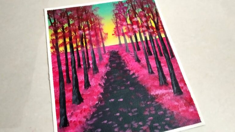 Beautiful Sunset Cherry Blossom Autumn Landscape Painting For Beginners/Easy Cherry Blossom Painting