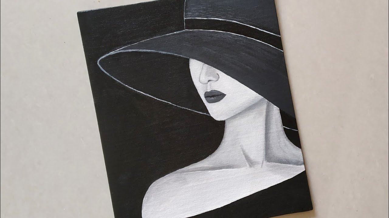 Black & White/Step by Step Acrylic Painting on Canvas/Beautiful Girl in a Black Hat Acrylic Painting