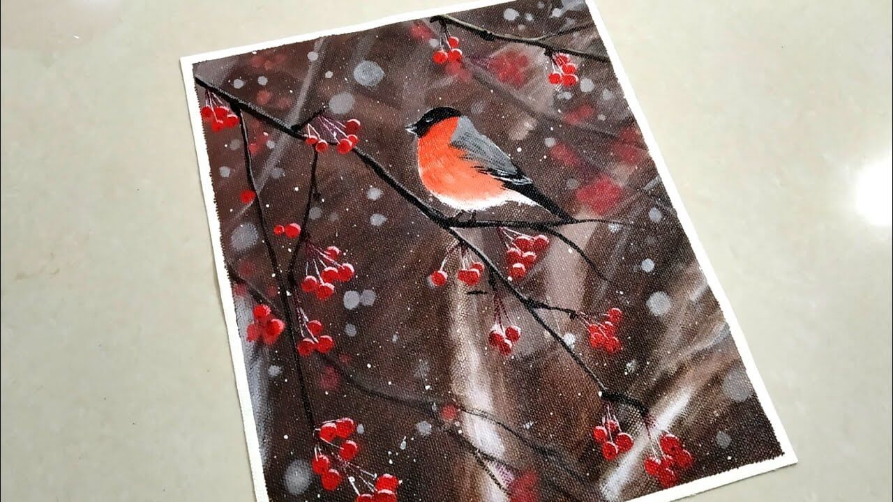 Bullfinch Bird in a Snowy Winter Morning with Red Berries Acrylic Painting step by step/Winter Paint