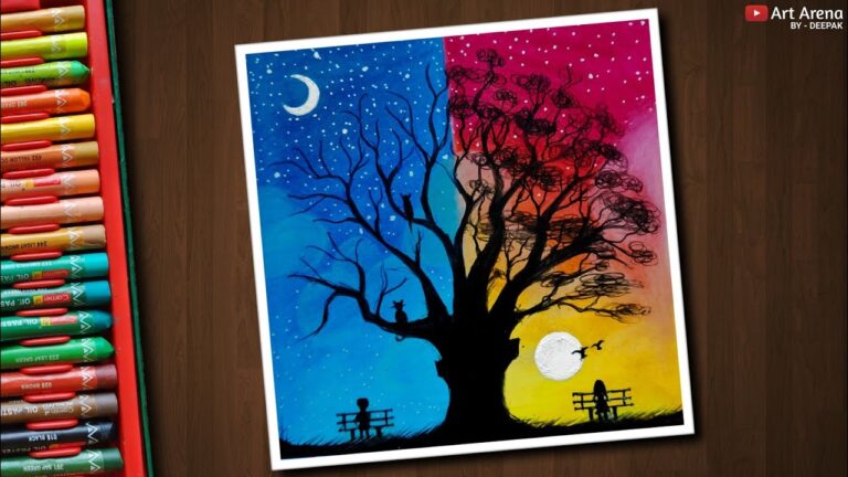 Day and Night scenery Drawing 2 with Oil Pastels - step by step