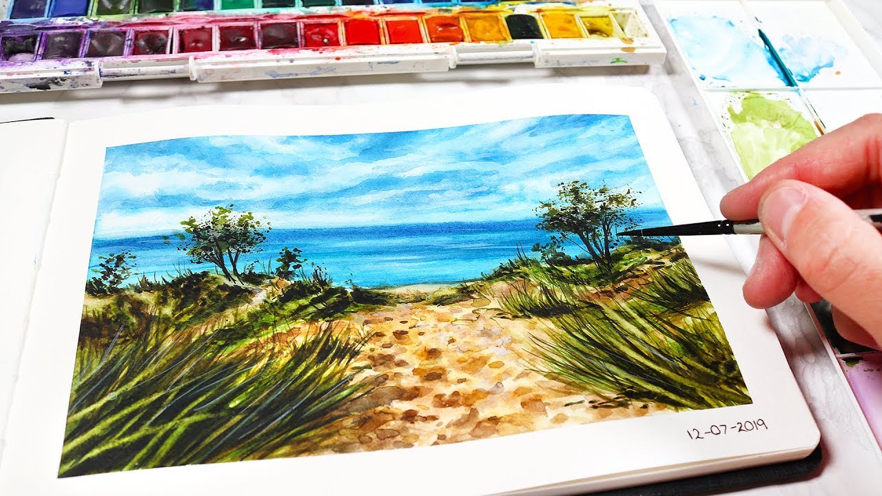 EASY BEACH WATERCOLOR PAINTING FOR BEGINNERS Watercolor Painting Ideas