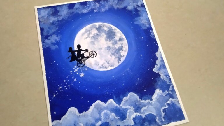 Easy Acrylic Painting /Full Moon Painting/Easy Moonlight Night Painting step by step/Couple Painting