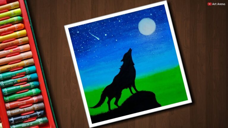 Easy Moonlight Wolf scenery drawing for beginners with Oil Pastels - step by step