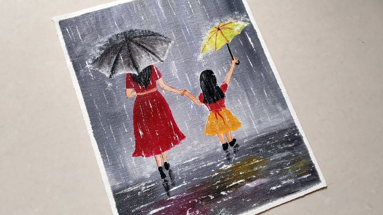Easy Mother's Day Rainy Season Scenery Painting for Beginners/Girls walking in the Rain Acrylic