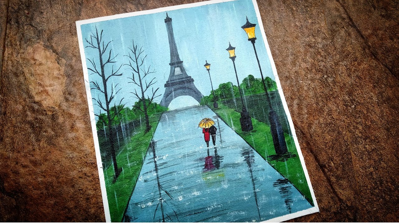 Easy Rainy season Eiffel Tower Painting tutorial for Beginners/ Romantic couple walking in the rain/
