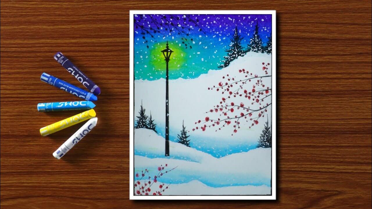 Easy Winter Season Scenery Drawing for Beginners with Oil Pastels - Step by Step