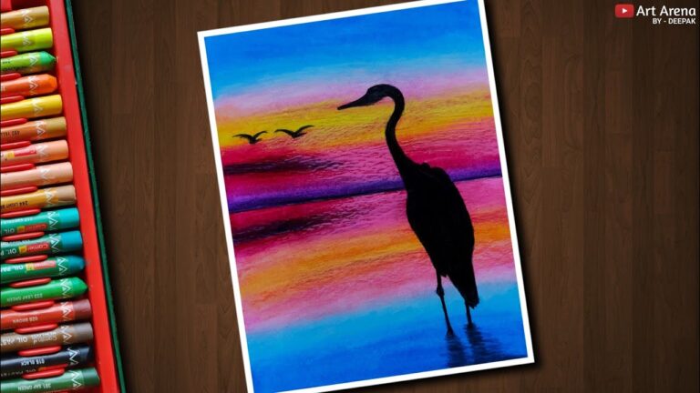 Egret Sunset Landscape Drawing for Beginners with Oil Pastels - step by step