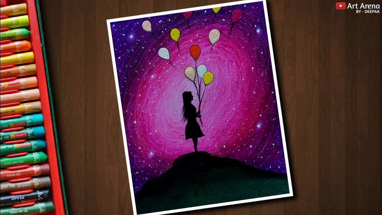 Girl with Balloons drawing for beginners with Oil Pastels - step by step
