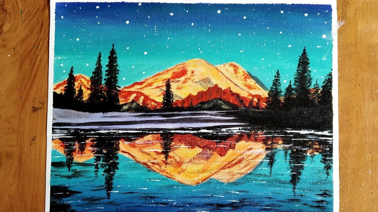 Golden Mountain Forest Lake Painting/Easy Acrylic Painting step by step for Beginners/ Night Scenery