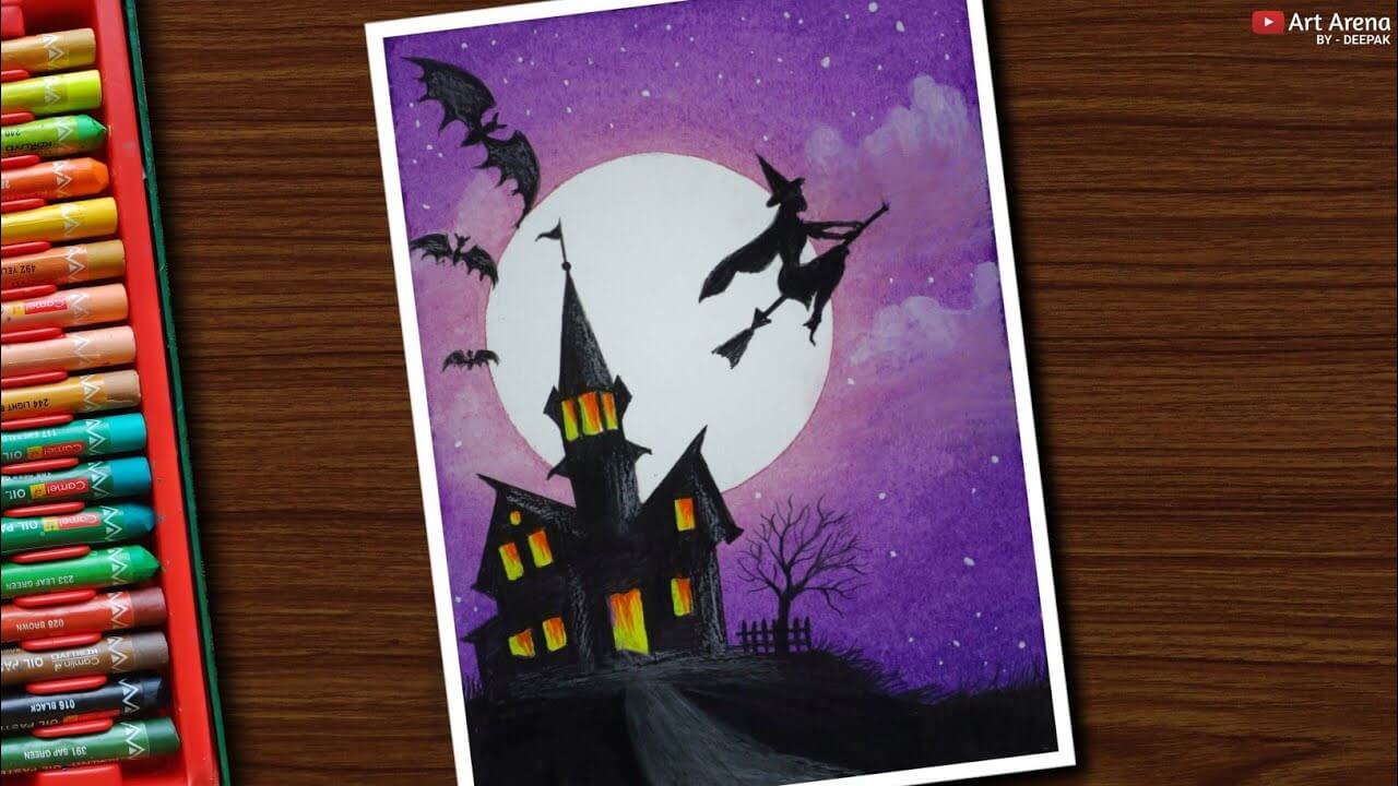 Haunted House Scenery Drawing with Oil Pastels for Beginners - Step by Step