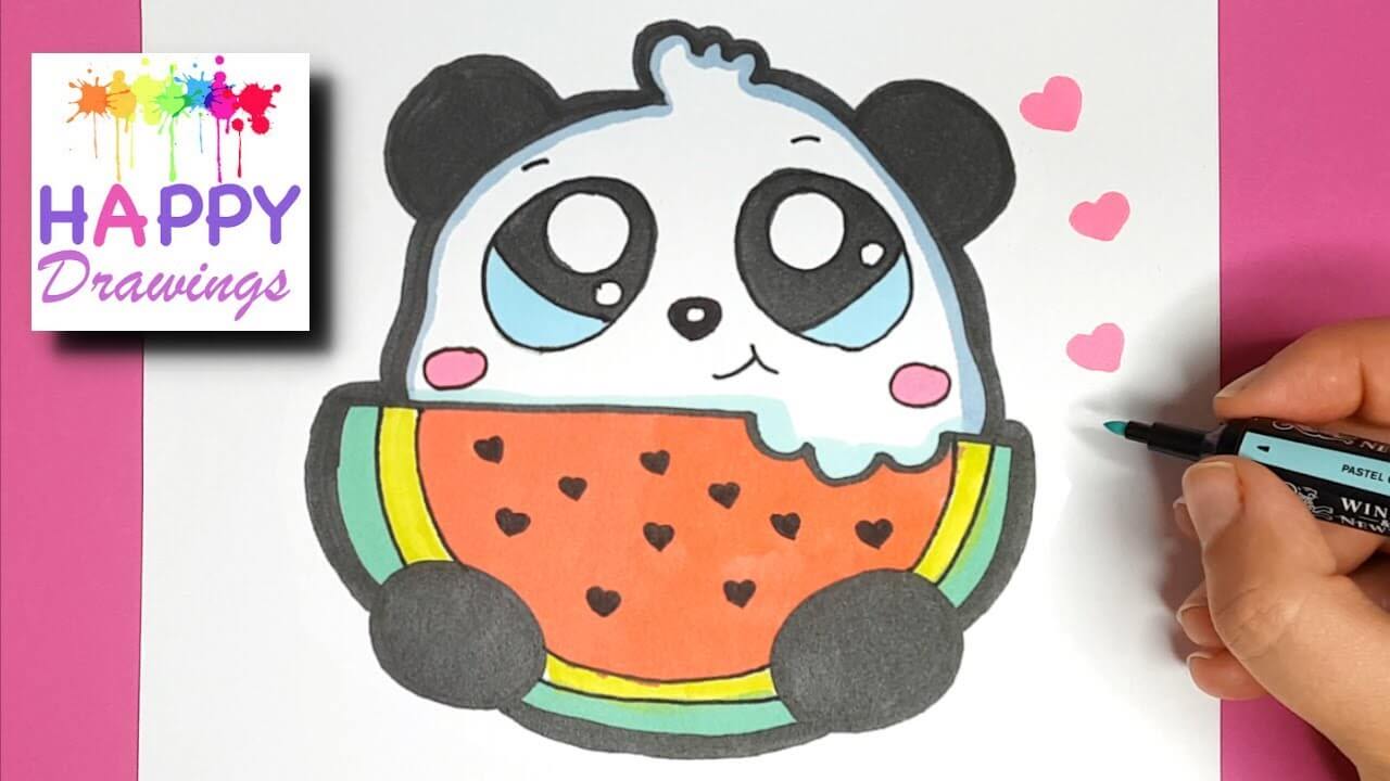 How to Draw a Panda Eating Watermelon CUTE and EASY - Happy Drawings
