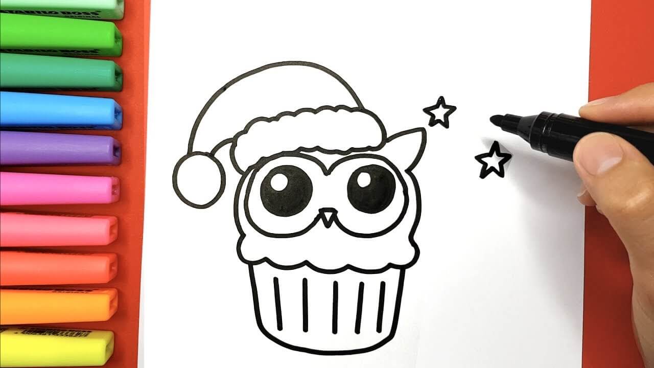 How to Draw an owl cupcake for Christmas Happy