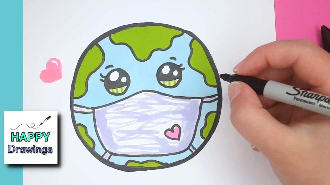 How to Draw the EARTH wearing a Mask Happy Drawings