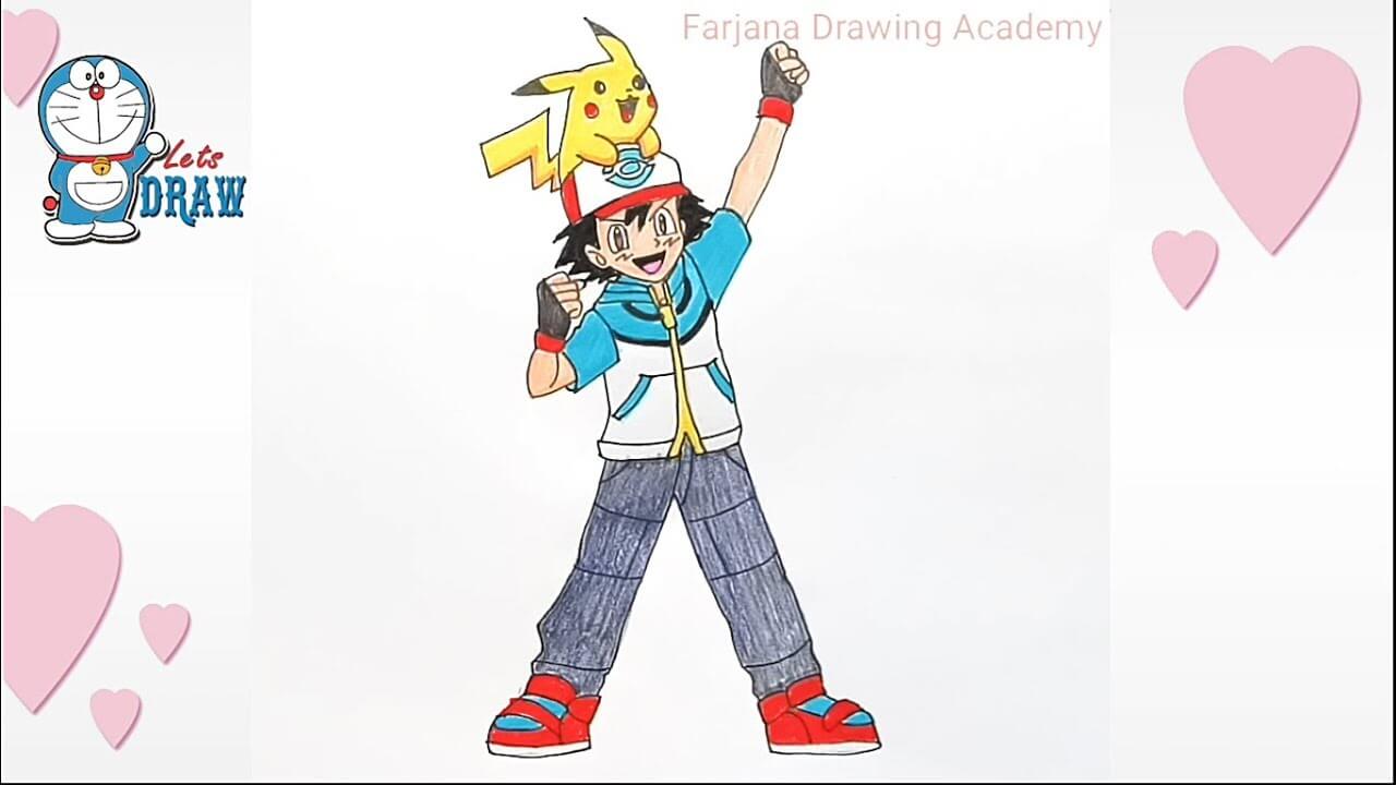 How to draw Ash Ketchum with Pikachu from pokemon step