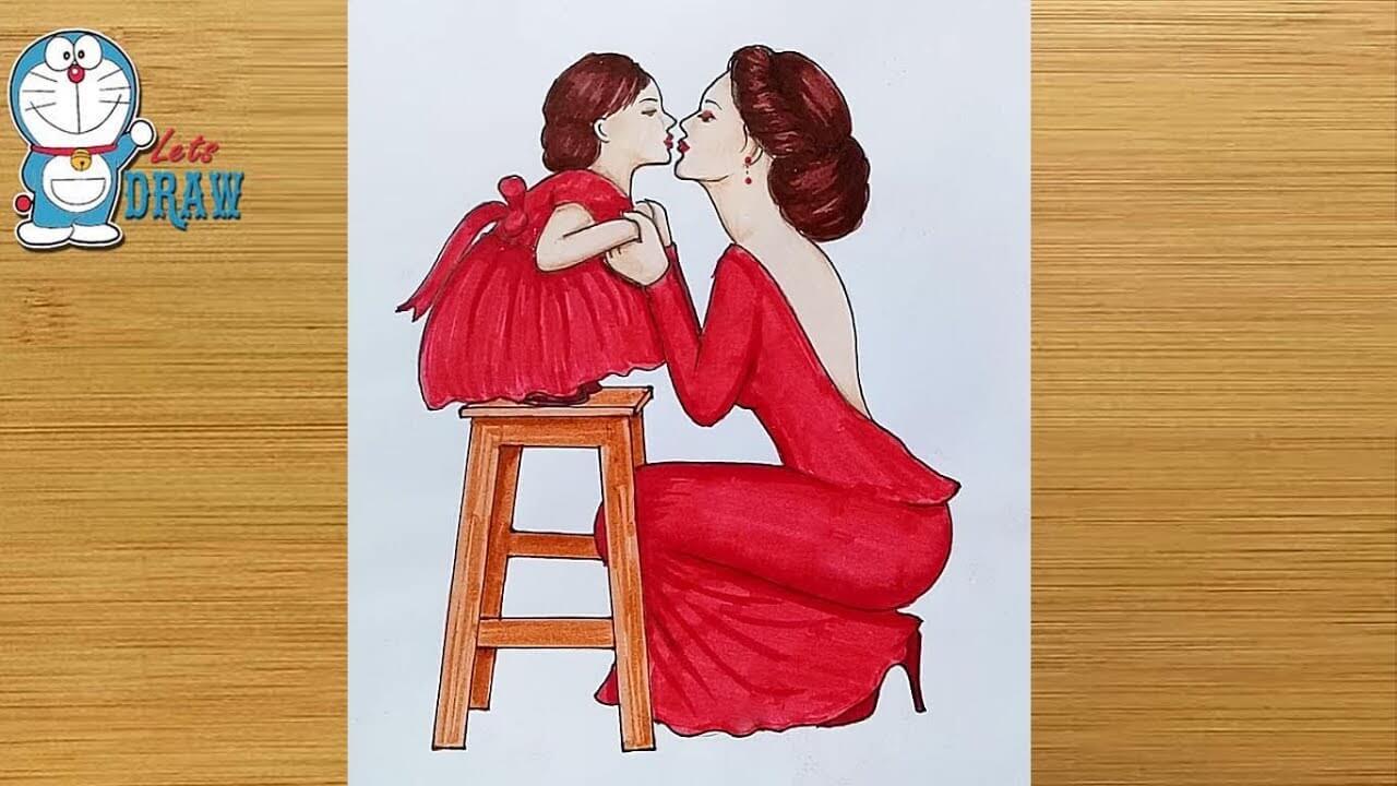 How to draw Mother and daughter love step by