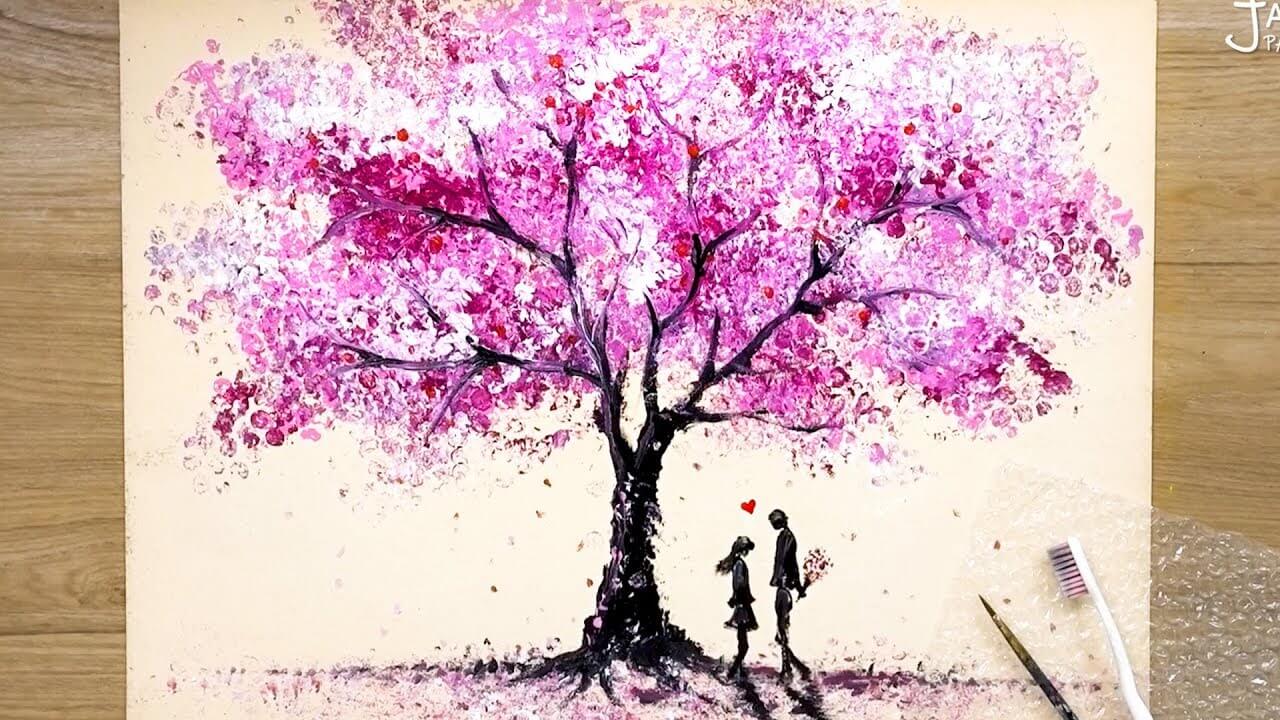 How to draw Romantic Couple beside a Cherry Tree / Bubble Wrap Painting Techniques