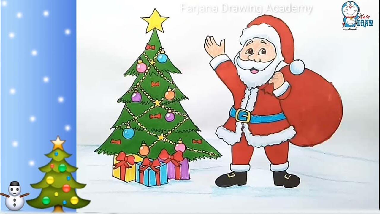 How to draw Santa Claus with Christmas tree step by step