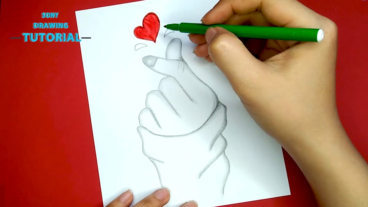 How to draw a Tumblr Korean Heart, A Cute Girl Hand Holding Love Icon,step by step,Sony Drawing Tuto