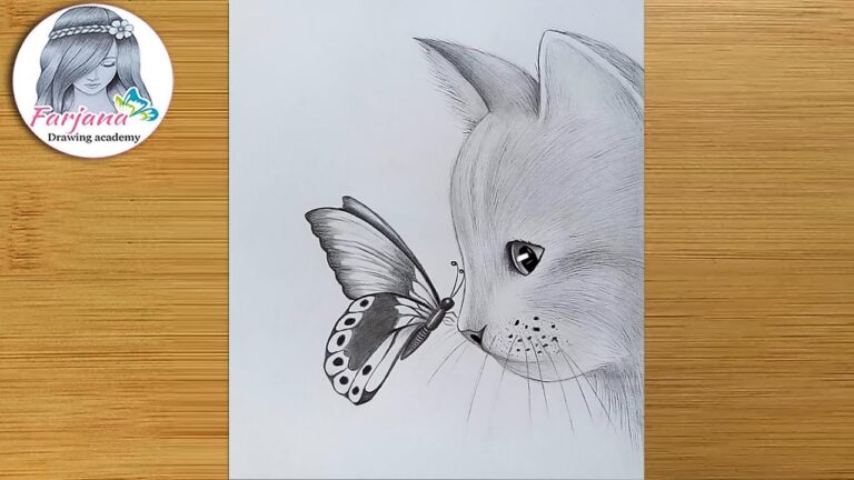 How to draw a cat with butterfly pencil sketch