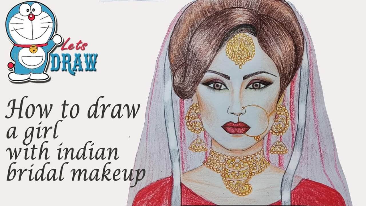 How to draw a girl with indian bridal makeup step
