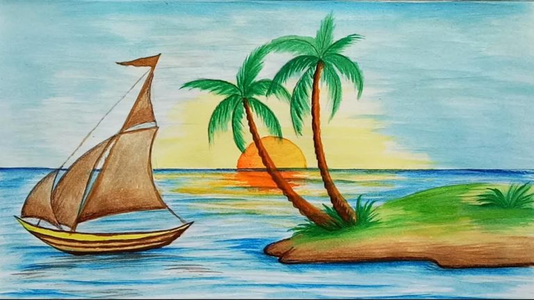 How to draw scenery of Island with water colour step