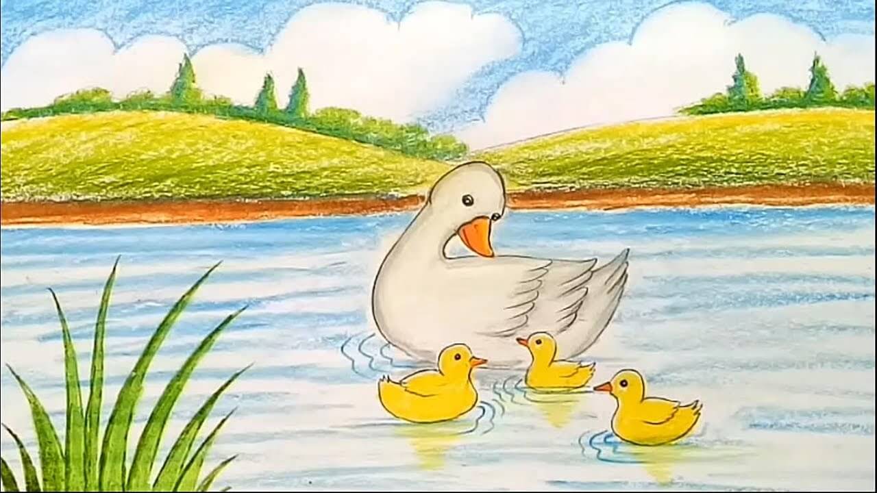 How to draw scenery of Mother duck and little ducklings
