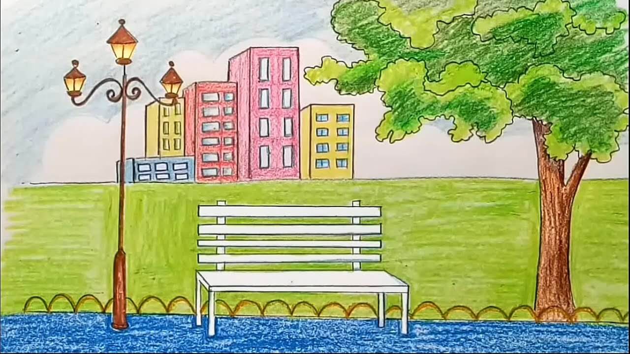 How to draw scenery of city park step by step