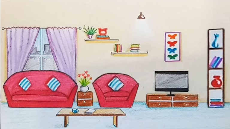 How to draw scenery of drawing room step by step