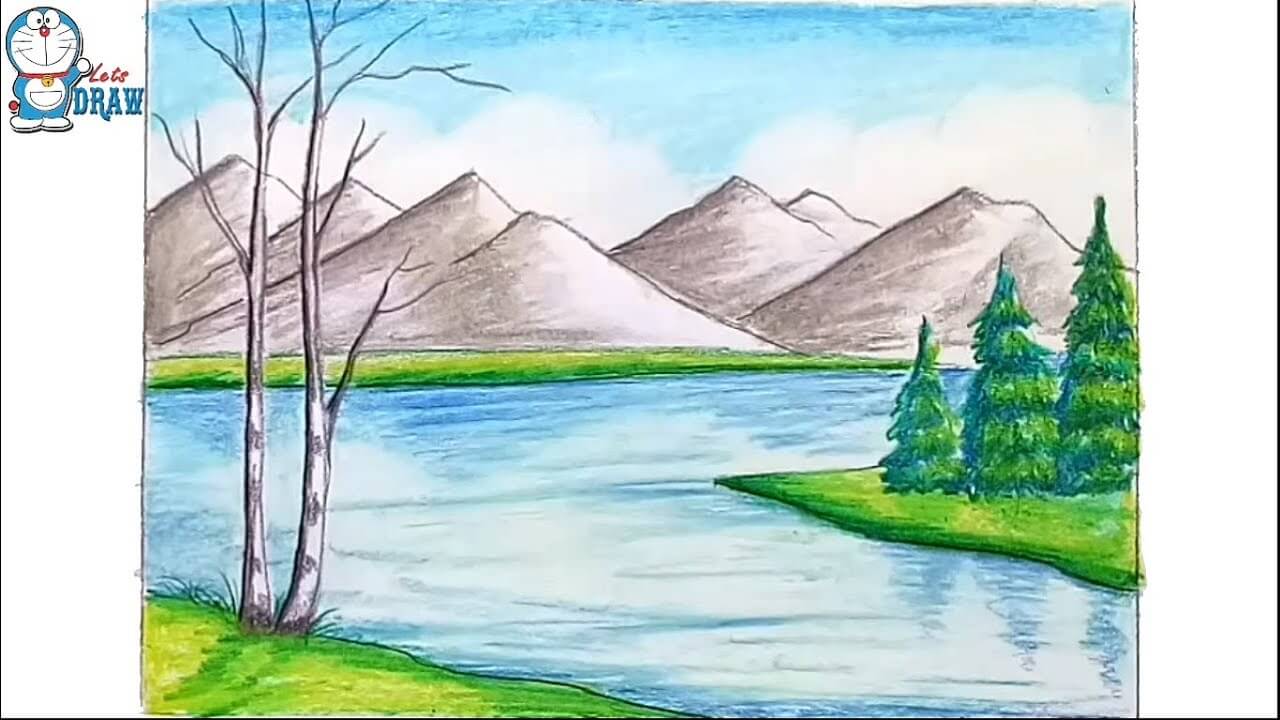 How to draw scenery of mountain step by step