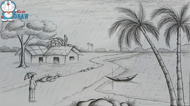How to draw scenery of rainy season by pencil sketch