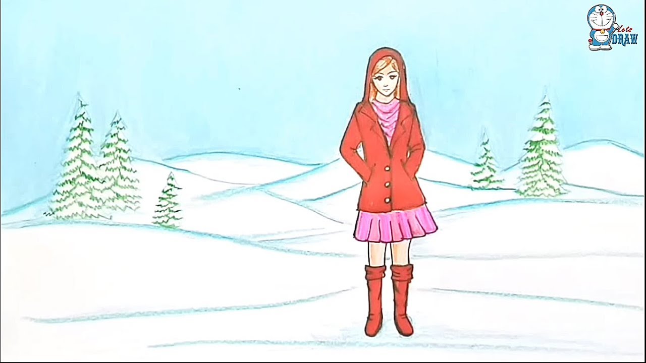 How to draw scenery of winter season Snowfall step by