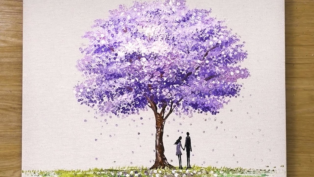How to paint a 'Jacaranda' Tree in Acrylic / Cotton Swabs Painting Technique #453