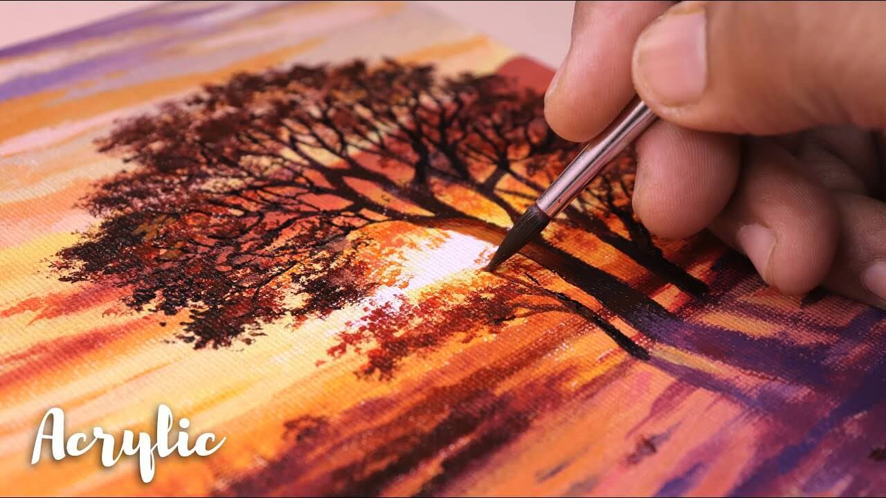I painted tree leaves in sunset | Acrylic Painting Time Lapse | landscape painting